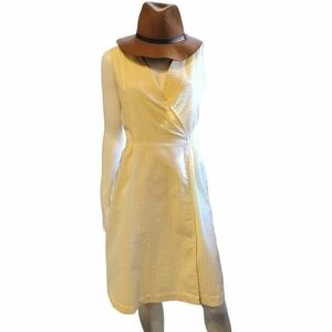 Vintage Johnny Appleseed's Yellow White Stripe Seersucker Wrap Dress